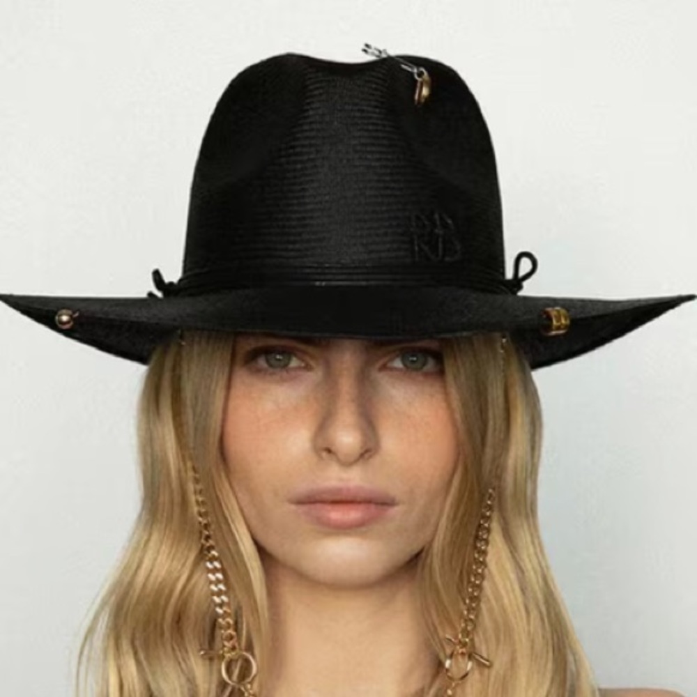 NEW LIKE RUSLIN BAGINSKI Black Wide Brim Fedora Hat with Gold Chain D - Picture 2 of 13